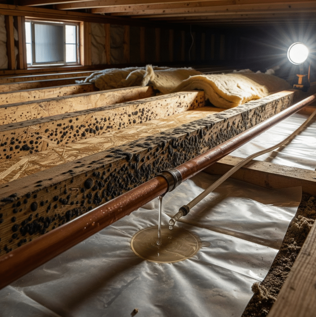 How to Fix Crawl Space Mold for Good 3 crawl space with visible mold on joists and moisture source