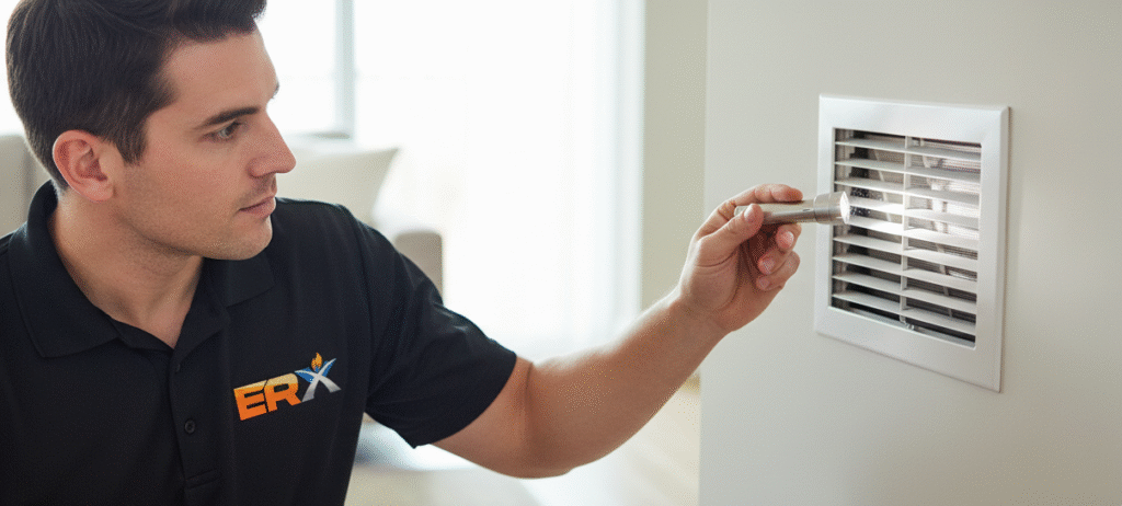 HVAC Mold in Air Ducts: How to Spot 5 Signs and Fix Them 2 HVAC mold in air ducts inspection with technician in black ERX shirt checking a wall vent