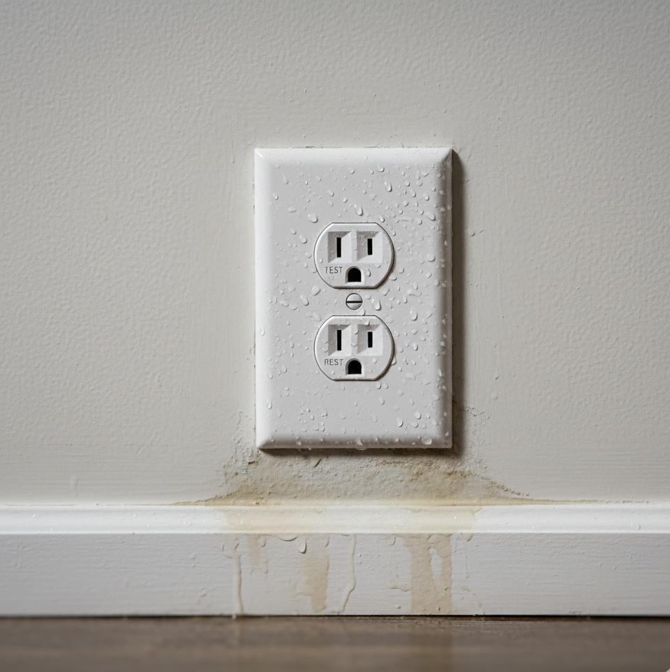 GFCI electrical outlet showing signs of water intrusion after flooding, illustrating a common household safety hazard.