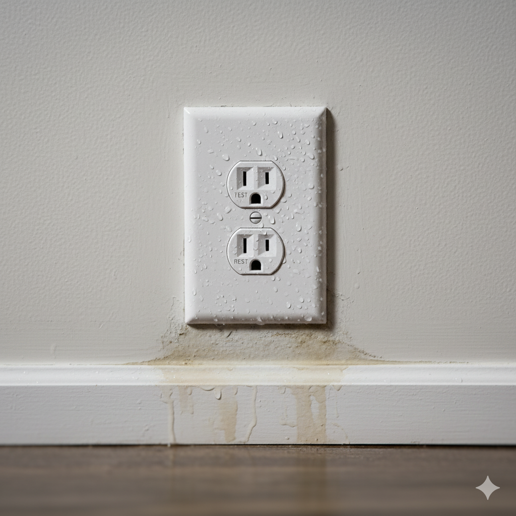 After Water Damage, Electrical Safety Comes First for Your Family 2 GFCI electrical outlet showing signs of water intrusion after flooding, illustrating a common household safety hazard.