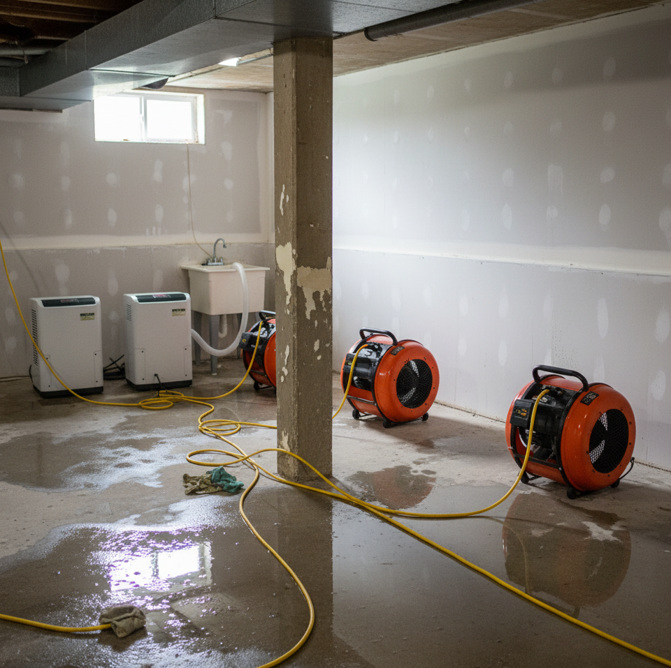 Water mitigation vs water restoration in progress - basement drying with air movers and dehumidifiers after flooding