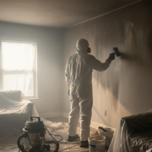 Fire Damage Restoration 5 Restoration technician cleaning smoke-damaged wall after a house fire