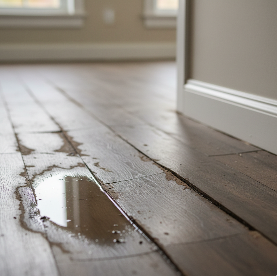 What Really Happens When Water Gets Under Your Flooring 1 Close-up photo of warped laminate flooring after water damage, showing bubbles and lifted edges with light reflecting off the damp surface.