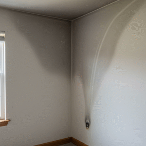 Fire Damage Restoration 4 Soot residue and smoke stains in a living room corner after a house fire