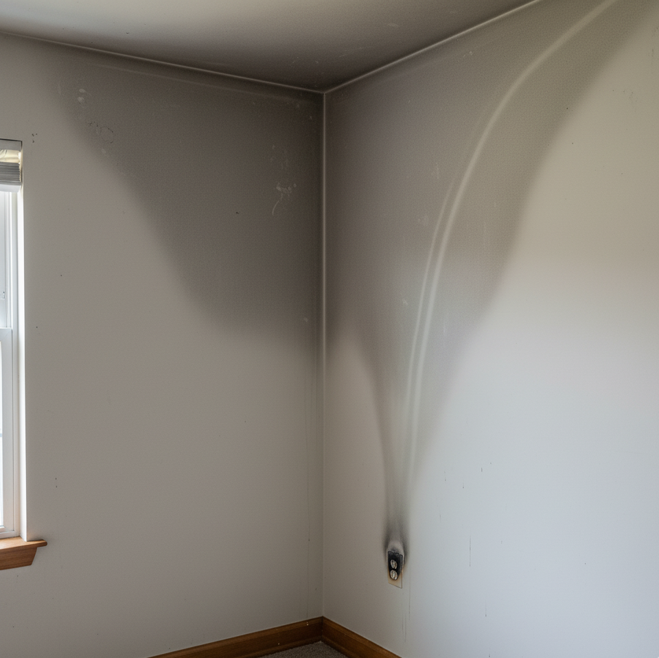 Soot residue and smoke stains in a living room corner after a house fire