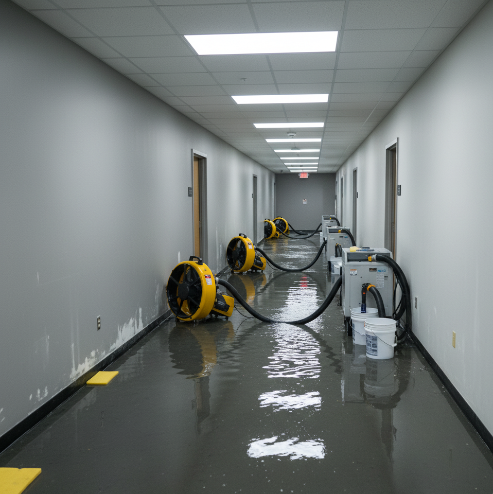 Commercial Water Damage Restoration: The Fastest Way to Recover 3 Flooded commercial hallway during water damage restoration with industrial air movers and dehumidifiers running.