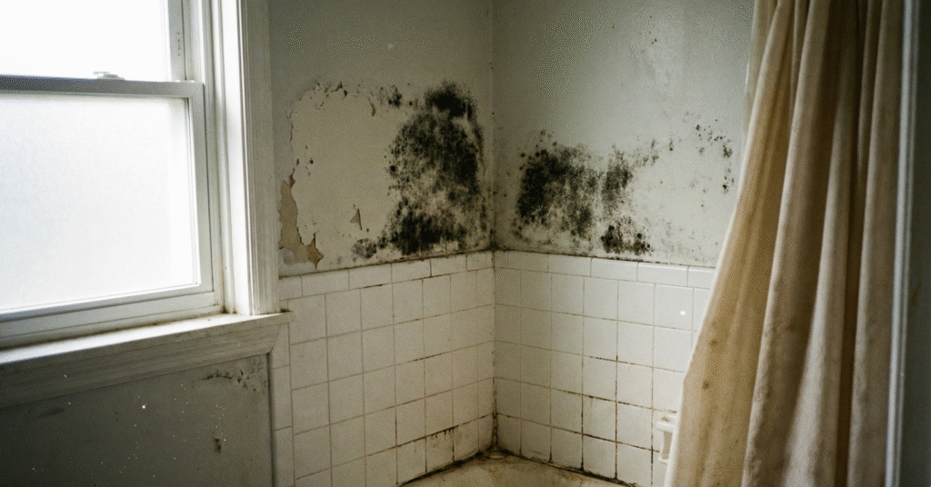 Black mold in bathroom growing on drywall corner and tile grout above a shower.
