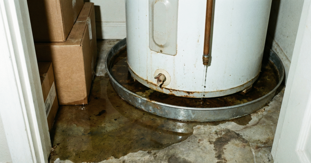 Older residential water heater leaking water onto a concrete utility room floor.