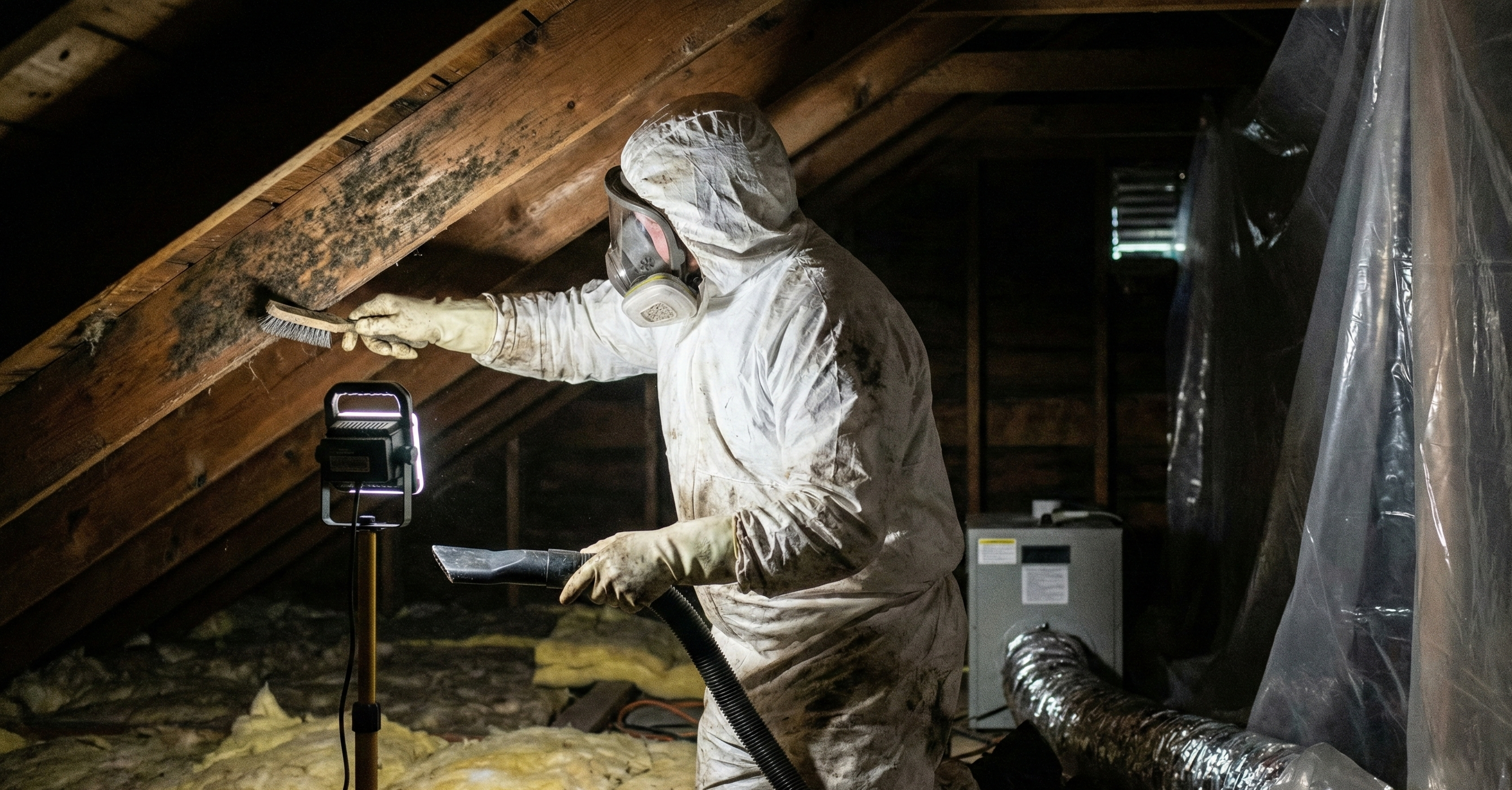 Professional mold removal services technician in protective gear cleaning mold from attic rafters.