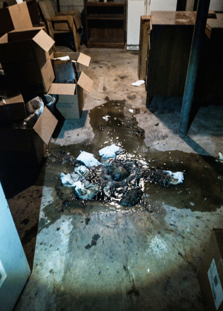 A smartphone photo of a messy basement backup, illustrating the reality before determining the final **Sewage Cleanup Cost**.