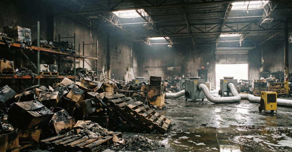 Commercial fire damage scene in a warehouse with charred inventory, water on the floor, and air scrubbers running.