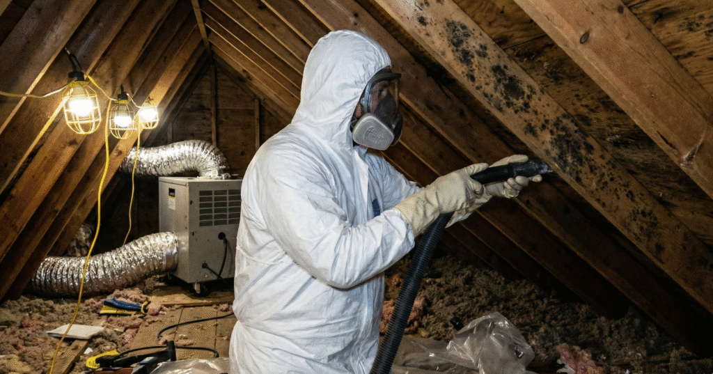 Professional attic mold removal technician working on moldy rafters in a contained attic space.
